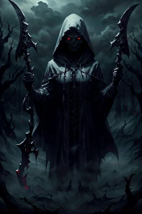 best quality, masterpiece, Oracle bone solo, (full body:0.6), looking at viewer, detailed background, detailed face, (<lora:VampiricTech:0.6>, vamptech theme:1.1) calm, ethereal manifestation of death, hooded, dynamic pose, scythe, death, dark shadows, cold, underworld, dead forest in background, fog, dark clouds, night, mysterious lighting, sinister dark atmosphere,