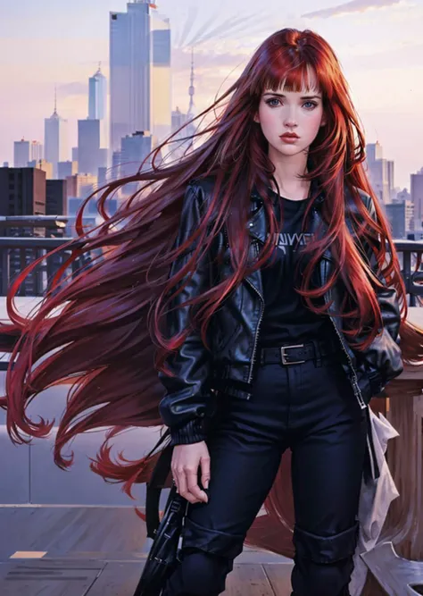 woman [molly ringwald | winona ryder] with straight (red) hair and bangs, blue eyes, wearing black biker jacket and black shirt and black pants, new york skyline in background ,  <lora:biker_jacket0:0.2>,  <lora:hair_length_slider_v1:8>  <lora:MollyR:0.5> <lora:Winona_Ryder:0.3>