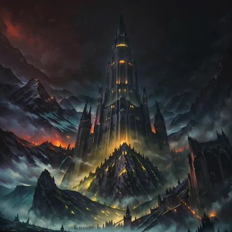 Generate ((best quality)), ((masterpiece)) (establishing shot:1.5) (wide angle:1.5) (Tolkien) (cinematic view) award winning [fantasy] illustration of fortress Minas Morgul in the deep  valley  sourrounded by mountains with one tall tower sourrounded by cascading terrace walls made of black stone in Mordor  under pale moonlight and stormy red sky, shrouded in eerie mist illuminated by a pale luminous sickly green glow.