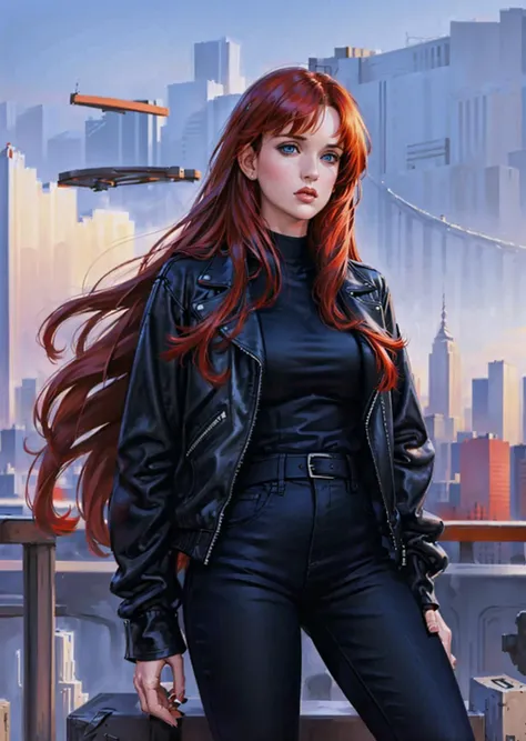 woman [molly ringwald | winona ryder] with straight (red) hair and bangs, blue eyes, wearing black biker jacket and black shirt and black pants, new york skyline in background ,  <lora:biker_jacket0:0.2>,  <lora:hair_length_slider_v1:4>  <lora:MollyR:0.5> <lora:Winona_Ryder:0.3>