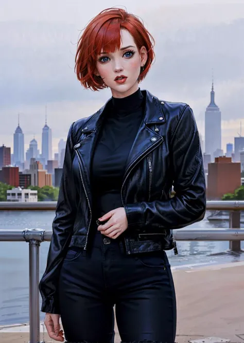 woman [molly ringwald | winona ryder] with straight (red) hair and bangs, blue eyes, wearing black biker jacket and black shirt and black pants, new york skyline in background ,  <lora:biker_jacket0:0.2>,  <lora:hair_length_slider_v1:-4>  <lora:MollyR:0.5> <lora:Winona_Ryder:0.3>