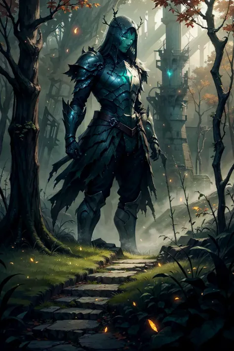 best quality, masterpiece, Codex solo, (full body:0.6), looking down, detailed background, detailed face, ( (DarkFantasy:0.8), dark fantasy theme:1.1) green-champion, tree themed armor, union of roots with metal, magical lights creeping on armor, peaceful, glowing natural markings on skin, lit-up green renewal marks on armor, magical aura, magical plant growth,particle effets, ruined mill claimed by nature in background, autumn, fireflies, fog, atmospheric lighting, eerie atmosphere,