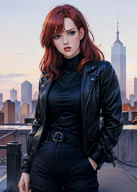 woman [molly ringwald | winona ryder] with straight (red) hair and bangs, blue eyes, wearing black biker jacket and black shirt and black pants, new york skyline in background ,  <lora:biker_jacket0:0.2>,  <lora:hair_length_slider_v1:0>  <lora:MollyR:0.5> <lora:Winona_Ryder:0.3>