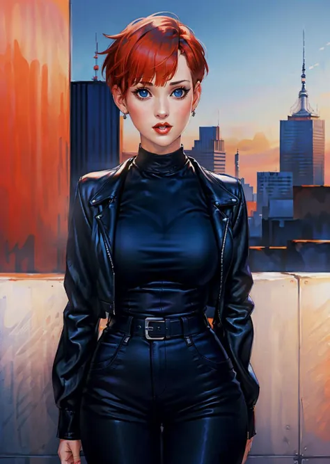 woman [molly ringwald | winona ryder] with straight (red) hair and bangs, blue eyes, wearing black biker jacket and black shirt and black pants, new york skyline in background ,  <lora:biker_jacket0:0.2>,  <lora:hair_length_slider_v1:-8>  <lora:MollyR:0.5> <lora:Winona_Ryder:0.3>