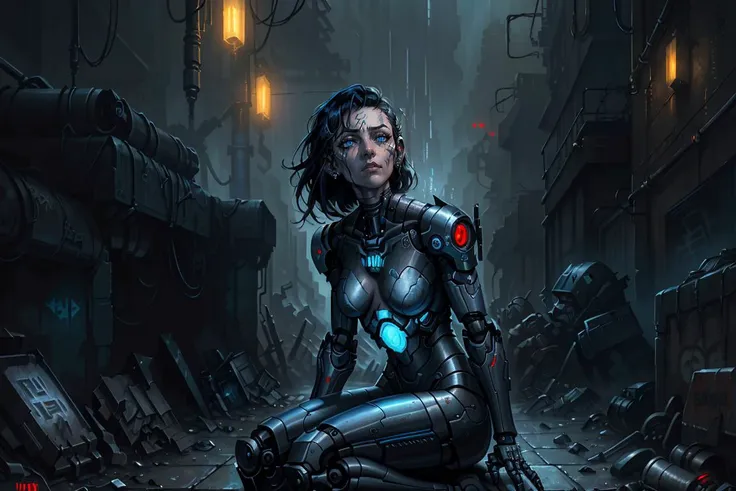 Masterpiece, ((by Brom)), (dark cinematic lighting:1.1), highly detailed cyberpunk illustration of (lonely [Cyborg|Woman] with short black hair and broken mechanical parts, robotic limbs), bright blue eyes, perfect face, [makeup streaks], sad expression, looking at viewer, (sitting  on the ground in a dark alley with her back against a decrepit wall in a Dystopian cyberpunk city), ((cyber wear)), augmentations, synth, homeless robot, oil on board, intricately detailed, hires scan, ominous atmosphere, overcast weather, dark colors, panoramic