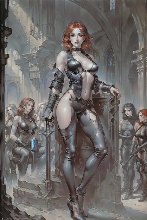 masterpiece, (beautiful lighting), highly detailed illustration of (effortlessly beautiful alt Irish woman with short red hair and pale skin), blue eyes, perfect face, annoyed look, [dark makeup], [[[freckles]]], eye focus, (wearing black  faux leather jacket with grey tank top underneath and tight leather pants), athletic body, natural breasts, backstage of a heavy metal concert, candid, dynamic angle, full body
AND_PERP (by Luis Royo) :1