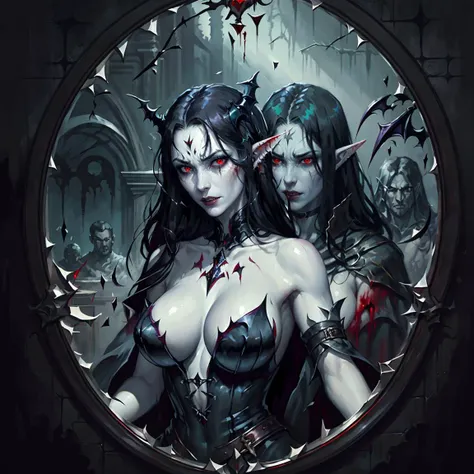 grim dark, highly detailed dark fantasy illustration of a ([Elf|Woman] vampire with short black hair and pale white skin), red eyes, perfect face, scar on cheek, worried expression, eye focus, (fangs), blood drip from mouth, large breasts, cleavage, dark background, (broken mirror), [shattered|broken] glass, damp, ominous atmosphere, evil magic, [the dark arts],  intricately detailed, oil on board, front view, ((art by Brom))