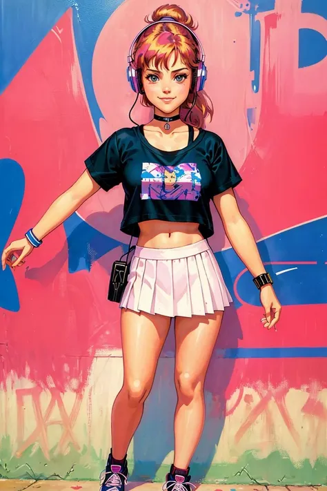 girl for scale, smirk, 1985 illustration, graffiti, wearing mini t-shirt, skirt, choker, slap bracelets, headphone, walkman, soft light, masterpiece