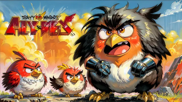 Angry Birds, heavy metal mag, 1989, colorful, masterpiece