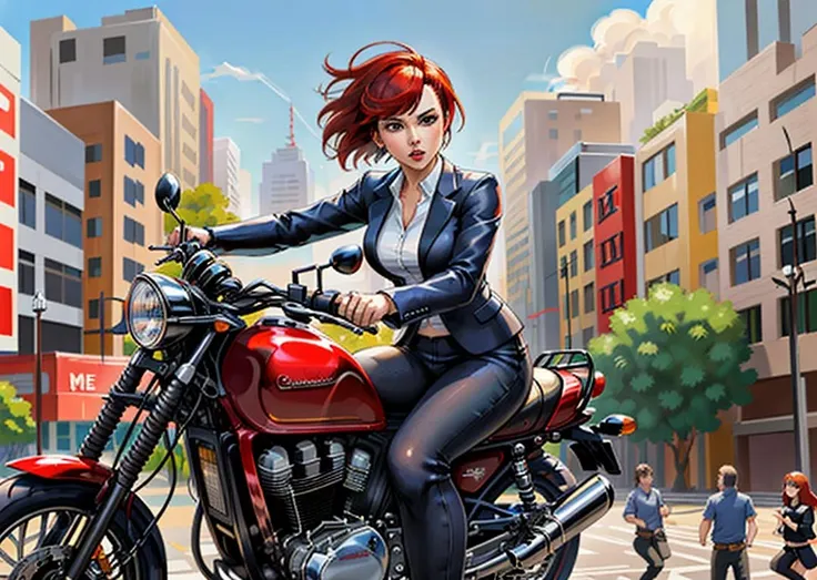 woman with short red hair and bangs, wearing a business suit, [serious | angry] expression, riding red Honda_CB350 through crowded city streets, (masterpiece:1.3), best quality, (dynamic:1.1) perspective, <lora:CB_350_v1:0.2>