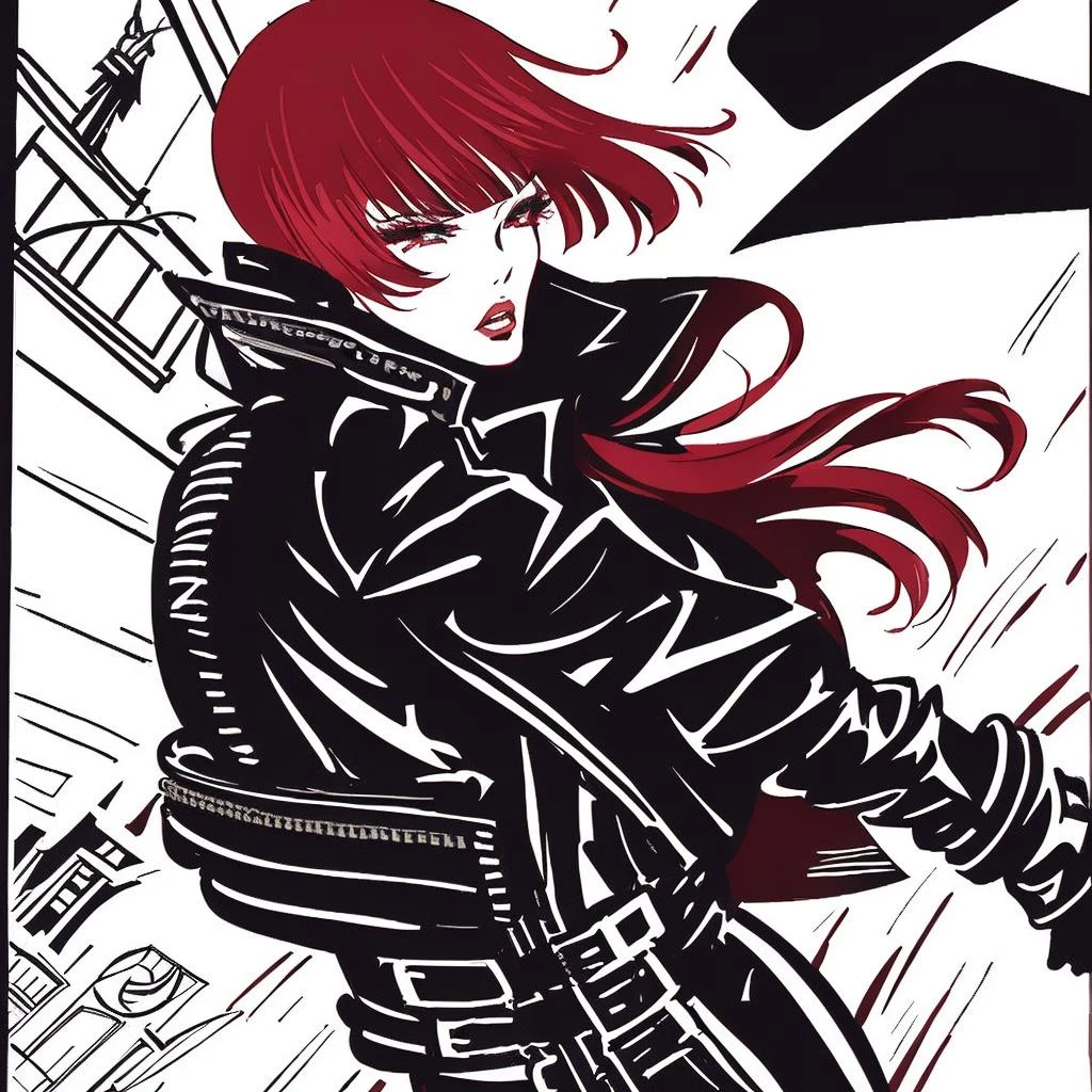 comic book by crepax, model with medium straight red hair and ((bangs)) wearing a black leather biker_jacket on the streets of new york, solo focus, high fashion, haute couture, <lora:biker_jacket0:0.1>, expressive, flowing, <lora:guidocrepax:1>
