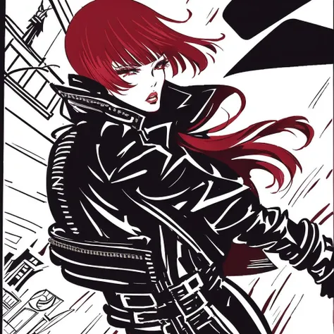 comic book by crepax, model with medium straight red hair and ((bangs)) wearing a black leather biker_jacket on the streets of new york, solo focus, high fashion,  haute couture, <lora:biker_jacket0:0.1>, expressive, flowing,  <lora:guidocrepax:1>