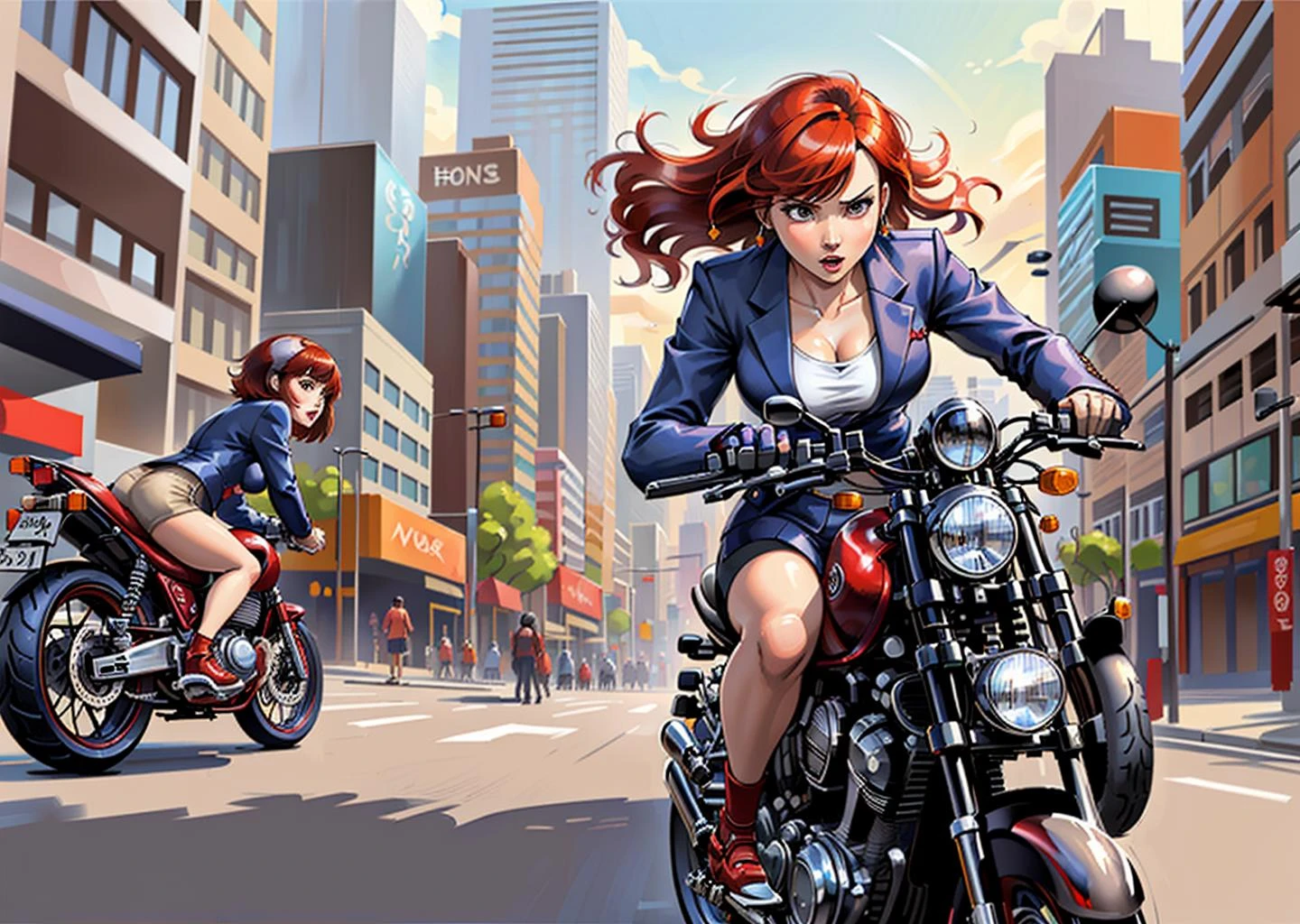illustration of a woman with short red hair and bangs, wearing a business suit, [serious | angry] expression, riding red Honda_CB350 through crowded city streets, (masterpiece:1.3), best quality, (dynamic:1.1) perspective, <lora:CB_350_v1:0.2>