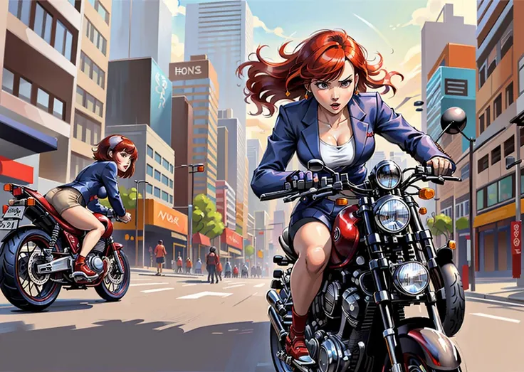 illustration of a woman with short red hair and bangs, wearing a business suit, [serious | angry] expression, riding red Honda_CB350 through crowded city streets, (masterpiece:1.3), best quality, (dynamic:1.1) perspective, <lora:CB_350_v1:0.2>