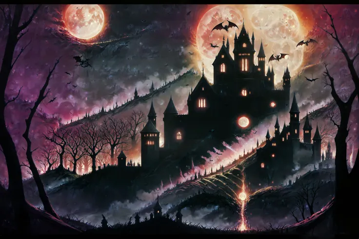 Generate a stunning, (gothic castle in the forest, dark sinister night, full  grreeb moon, full red moon, dark energy:1.5 ,  flying bats, red sickly glow:1.6), a true [masterpiece, official art, highres,], [best quality] of art.  The image showcases [detailed linework], [dynamic shading], and [dramatic lighting], bringing to life a [dreading atmosphere, grim dark coloures].