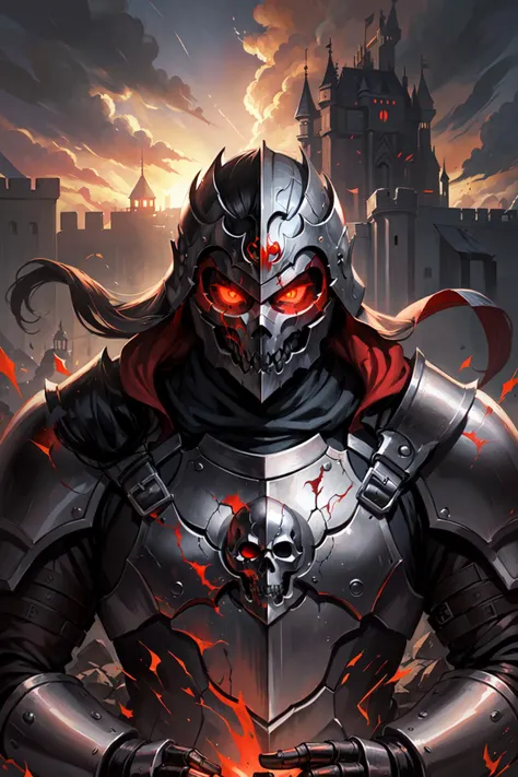 full shot, solo male, adult man, male features, fantasy anime style( black combat armour, knight armour, detailed, red glowing eyes, engraved skull helmet, masked, crimson veil, muscular, (covered face:1.1)), castle in the background