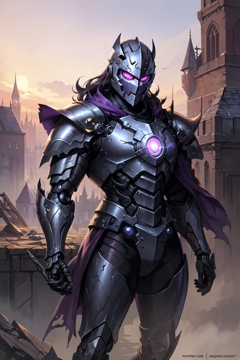 full shot, solo male, adult man, male features, fantasy anime style( black futuristic combat armour, cyborg knight armour, detailed, purple glowing eyes, engraved helmet, engraving in armour, masked, purple cloak, muscular, (covered face:1.1)), castle in the background