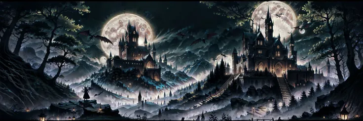 Generate a stunning, (gothic castle in the forest, dark sinister night, full moon, dark energy:2 , eerie, flying bats, red sickly glow), a true [masterpiece, official art, highres,], [best quality] of art.  The image showcases [detailed linework], [dynamic shading], and [dramatic lighting], bringing to life a [dreading atmosphere, grim dark coloures].