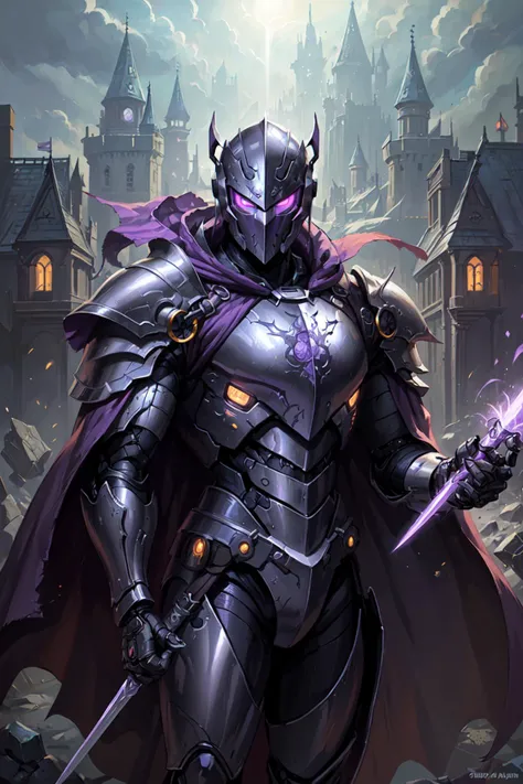 full shot, solo male, adult man, male features, fantasy anime style( black futuristic combat armour, cyborg knight armour, detailed, purple glowing eyes, engraved helmet, engraving in armour, masked, purple cloak, purple cape, accent colours on cape, holding energy sword in left hand, muscular, (covered face:1.1)), castle in the background