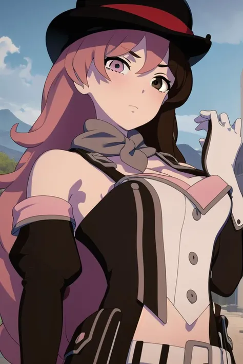 neopolitan, <lora:neopolitanv2-lora-nochekaiser:1>,
neopolitan, long hair, brown hair, (brown eyes:1.3), pink hair, multicolored hair, pink eyes, two-tone hair, (heterochromia:1.2), split-color hair,
BREAK gloves, hat, navel, brown eyes, detached sleeves, midriff, belt, pants, white gloves, black headwear, bowler hat,
BREAK outdoors,
BREAK looking at viewer, (cowboy shot:1.5),
BREAK <lyco:GoodHands-beta2:1>, (masterpiece:1.2), best quality, high resolution, unity 8k wallpaper, (illustration:0.8), (beautiful detailed eyes:1.6), extremely detailed face, perfect lighting, extremely detailed CG, (perfect hands, perfect anatomy),