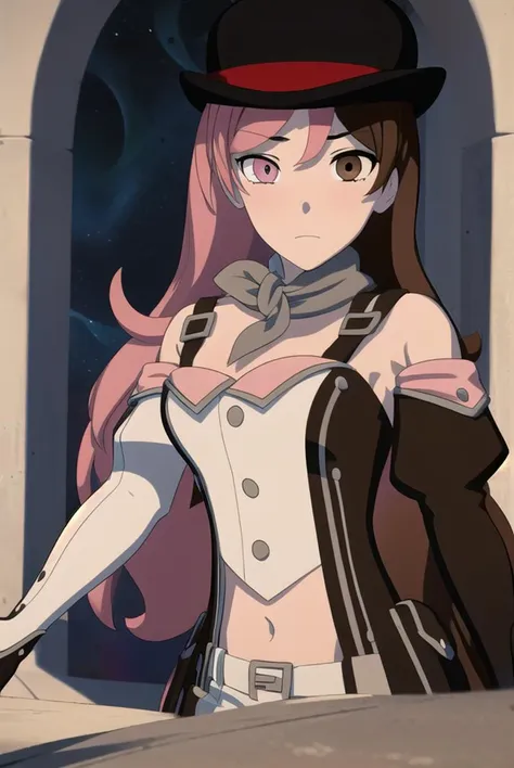 neopolitan, <lyco:neopolitan-lyco-nochekaiser:1>,
neopolitan, long hair, brown hair, (brown eyes:1.3), pink hair, multicolored hair, pink eyes, two-tone hair, (heterochromia:1.2), split-color hair,
BREAK gloves, hat, navel, brown eyes, detached sleeves, midriff, belt, pants, white gloves, black headwear, bowler hat,
BREAK looking at viewer,
BREAK outdoors,
BREAK <lyco:GoodHands-beta2:1>, (masterpiece:1.2), best quality, high resolution, unity 8k wallpaper, (illustration:0.8), (beautiful detailed eyes:1.6), extremely detailed face, perfect lighting, extremely detailed CG, (perfect hands, perfect anatomy),