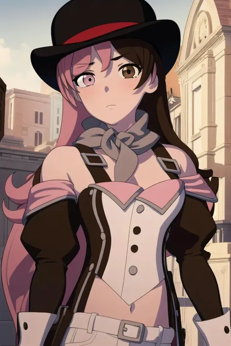 neopolitan, <lyco:neopolitan-lyco-nochekaiser:1>,
neopolitan, long hair, brown hair, (brown eyes:1.3), pink hair, multicolored hair, pink eyes, two-tone hair, (heterochromia:1.2), split-color hair,
BREAK gloves, hat, navel, brown eyes, detached sleeves, midriff, belt, pants, white gloves, black headwear, bowler hat,
BREAK looking at viewer,
BREAK outdoors,
BREAK <lyco:GoodHands-beta2:1>, (masterpiece:1.2), best quality, high resolution, unity 8k wallpaper, (illustration:0.8), (beautiful detailed eyes:1.6), extremely detailed face, perfect lighting, extremely detailed CG, (perfect hands, perfect anatomy),