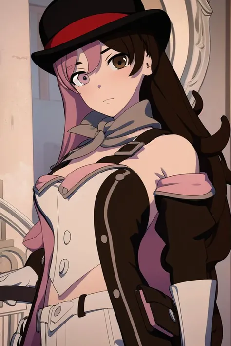 neopolitan, <lyco:neopolitan-lyco-nochekaiser:1>,
neopolitan, long hair, brown hair, (brown eyes:1.3), pink hair, multicolored hair, pink eyes, two-tone hair, (heterochromia:1.2), split-color hair,
BREAK gloves, hat, navel, brown eyes, detached sleeves, midriff, belt, pants, white gloves, black headwear, bowler hat,
BREAK looking at viewer,
BREAK outdoors,
BREAK <lyco:GoodHands-beta2:1>, (masterpiece:1.2), best quality, high resolution, unity 8k wallpaper, (illustration:0.8), (beautiful detailed eyes:1.6), extremely detailed face, perfect lighting, extremely detailed CG, (perfect hands, perfect anatomy),