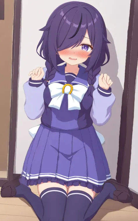 <lora:sdxl-um-trauniform:0.7> trawinuni, winter tracen_school_uniform, purpleblue sailor collar, purpleblue skirt, darkblue thighhighs, white_bowtie, skyblue_long sleeve blouse, white back bowtie , wavy mouth, half opened mouth, school, 1girl, petite child innocent ankle-biter . big breast , skindantation, +++
iridescence eyes ,
deep indigo hair,
medium hair ,
multiple braids, long hair,
streaked hair ,
hair over one eye,
hair flaps ,
naughty smile,
embarrassed ,
+++
