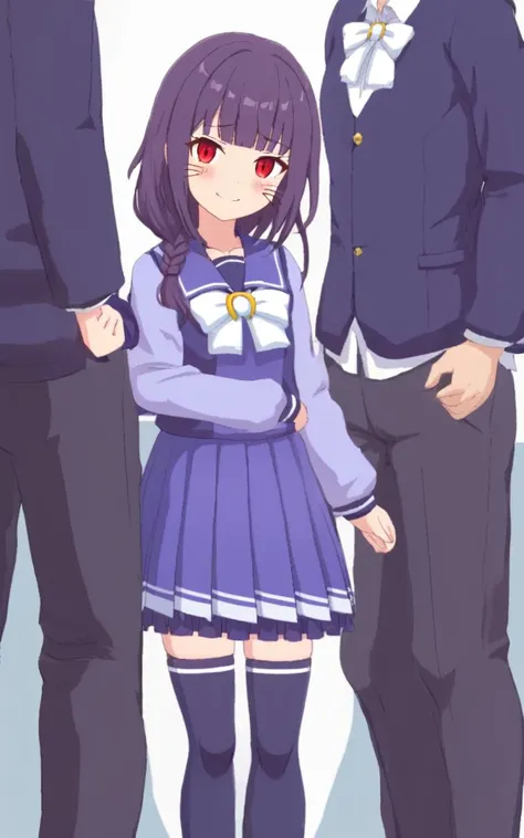 trawinuni, winter tracen_school_uniform, purpleblue sailor collar, purpleblue skirt, darkblue thighhighs, white_bowtie, skyblue_long sleeve blouse, white back bowtie , whiskers, school <lora:sdxl-um-trauniform:0.7>, 1girl, teen . flat chest , skindantation, +++
red eyes odd eyes ,
dark iridescence hair,
medium hair ,
braided ponytail,
wavy hair ,
blunt bangs,
sideburns ,
Smiling,
embarrassed ,
head_tilt
+++