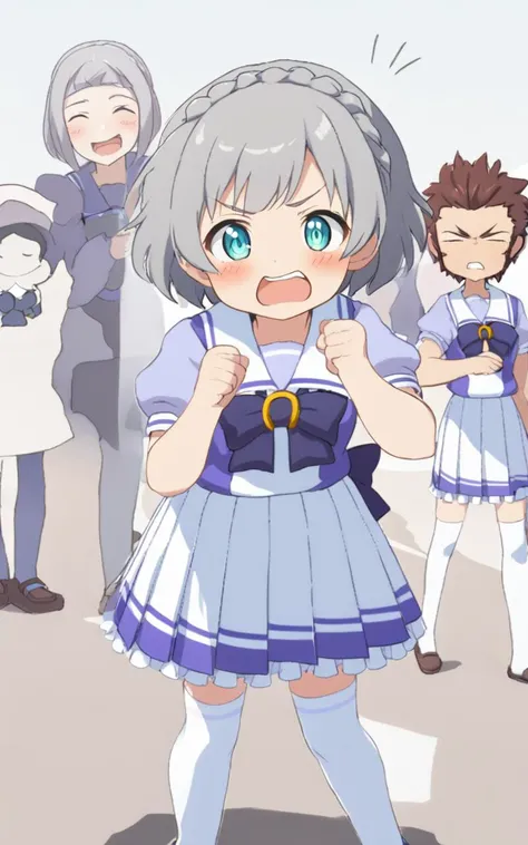 <lora:sdxl-um-trauniform:0.7> trasumuni summer tracen_school_uniform, white sailor collarl, white skirt, white thighhighs, darkblue_bowtie,  skyblue short sleeve blouse, darkblue back bowtie , Delighted, school, 1girl, petite child innocent ankle-biter . small beasdt , skindantation, +++ 
turquoise eyes , 
- gray hair, 
short hair , 
crown braid, medium hair, 
drill hair , 
diagonal bangs, 
sideburns , 
clenched teeth, 
blush , 
head_tilt  
+++