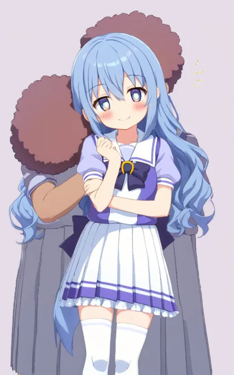 <lora:sdxl-um-trauniform:0.7> trasumuni summer tracen_school_uniform, white sailor collarl, white skirt, white thighhighs, darkblue_bowtie,  skyblue short sleeve blouse, darkblue back bowtie , Bashful, school, 1girl, child . big breast , skindantation, +++ 
iridescence eyes odd eyes , 
transparency blue hair, 
very long hair , 
afro twin tail, 
wavy hair , 
hair between eyes, 
sideburns , 
kind smile, 
blush , 
head_tilt  
+++