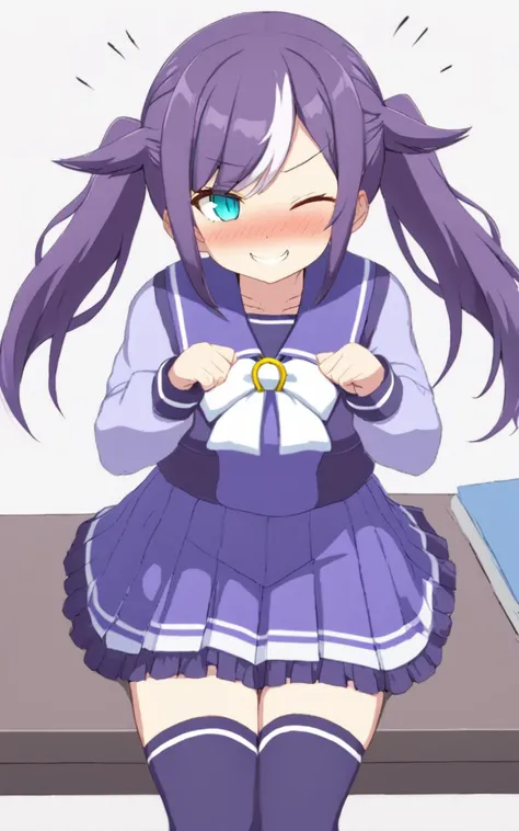 squinting eyes, smile school <lora:sdxl-um-trauniform:0.7>  trawinuni ( winter tracen_school_uniform (purpleblue sailor collar) purpleblue skirt darkblue thighhighs) ((white))_bowtie, (skyblue)_long sleeve blouse, white back bowtie , 1girl, teen . big breast , skindantation, +++ 
aqua eyes , 
dark purple hair, 
short hair , 
twin ponytails, 
streaked hair , 
asymmetrical bangs, 
hair flaps , 
naughty smile, 
nose blush , 
+++