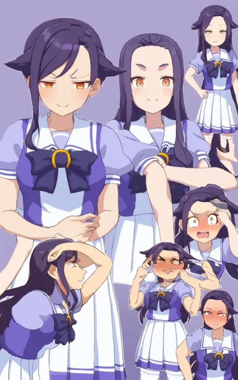 trasumuni summer tracen_school_uniform, white sailor collarl, white skirt, white thighhighs, darkblue_bowtie, skyblue short sleeve blouse, darkblue back bowtie , squinting eyes, smile, school <lora:sdxl-um-trauniform:0.7>, 1girl, young . medium breast , skindantation, +++
orange eyes odd eyes ,
deep indigo hair,
long hair ,
extra short hair, slicked back hair,
wavy hair ,
hair_pulled_back,
hair flaps ,
:8,
nose blush ,
+++