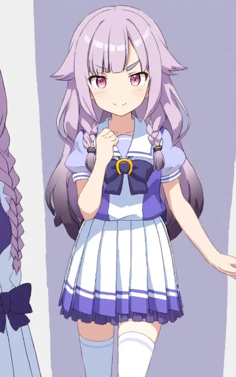 trasumuni summer tracen_school_uniform, white sailor collarl, white skirt, white thighhighs, darkblue_bowtie,  skyblue short sleeve blouse, darkblue back bowtie , smile, (troubled eyebrows:0.6), school <lora:sdxl-um-trauniform:0.7>, 1girl, cute petite . flat chest , skindantation, +++ 
pink eyes , 
- gradient hair, 
long hair , 
multiple braids, 
wavy hair , 
diagonal bangs, 
hair flaps , 
serious, 
embarrassed , 
+++