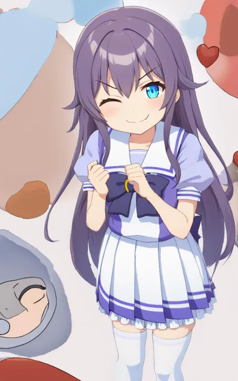 <lora:sdxl-um-trauniform:0.7> trasumuni summer tracen_school_uniform, white sailor collarl, white skirt, white thighhighs, darkblue_bowtie, skyblue short sleeve blouse, darkblue back bowtie , wavy mouth, smile, school, 1girl, young . big breast , skindantation, +++
blue eyes ,
vivid amber hair,
long hair ,
shaggy cut,
drill hair ,
one eye visible through hair,
hair flaps ,
smug,
,
+++