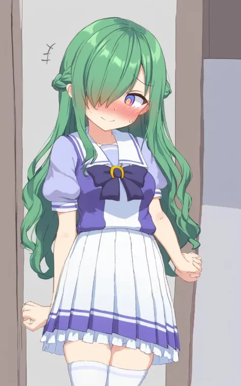 trasumuni summer tracen_school_uniform, white sailor collarl, white skirt, white thighhighs, darkblue_bowtie, skyblue short sleeve blouse, darkblue back bowtie , embarrassed nose blush smile, school <lora:sdxl-um-trauniform:0.7>, 1girl, teen . medium breast , skindantation, +++
multicolored eyes odd eyes ,
bright green hair,
long hair ,
french braid,
wavy hair ,
hair over one eye,
hair flaps ,
Bashful,
blush ,
head_tilt
+++