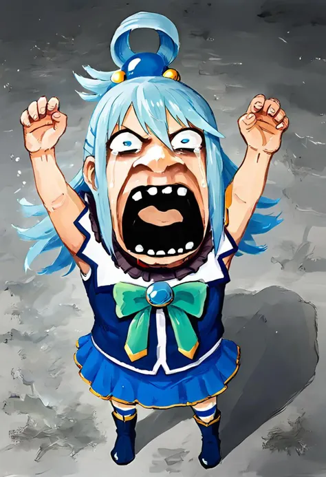 score_9, score_8_up, score_7_up, source_anime, zPDXL2, lozhkin, 1girl, aqua \(konosuba\), big smile, open mouth, teeth, screaming, crying with eyes open