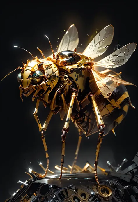 score_9, score_8_up, score_7_up, realistic, wasp, insect, holographic, yellow hologram, mechanical, shiny, black background, zPDXL2,