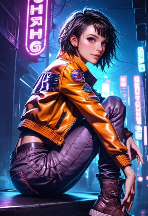 ( best quality), (best face details) beauty  mature woman with colorfull hair in short punk haircut,  wearing ony jeans and dusty jacket unbuttoned and wedge heels, smiling, naked brest, naked niples, jeans, high heels, full body view, standing, hands lifting over head, cyberpunk city on background, lots neons, night