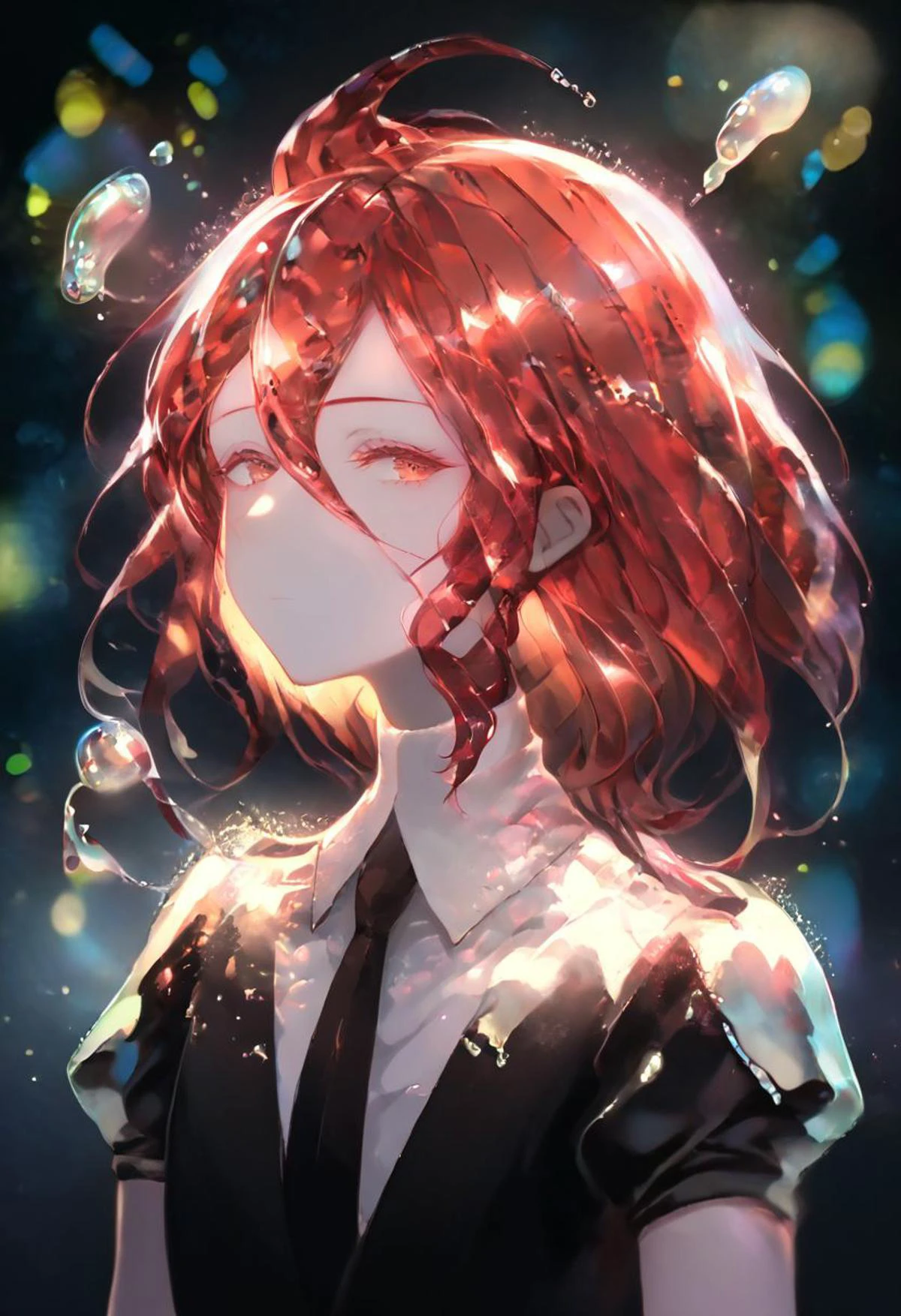 score_9, score_8_up, score_7_up, source_anime, portrait,
1girl, hskcnbr, crystal hair, medium hair, red hair, colored eyelashes, white skin, black shirt, puffy short sleeves, collared shirt, black necktie, mercury (element), liquid,
looking at viewer, expressionless, dark background, rain, cinematic light