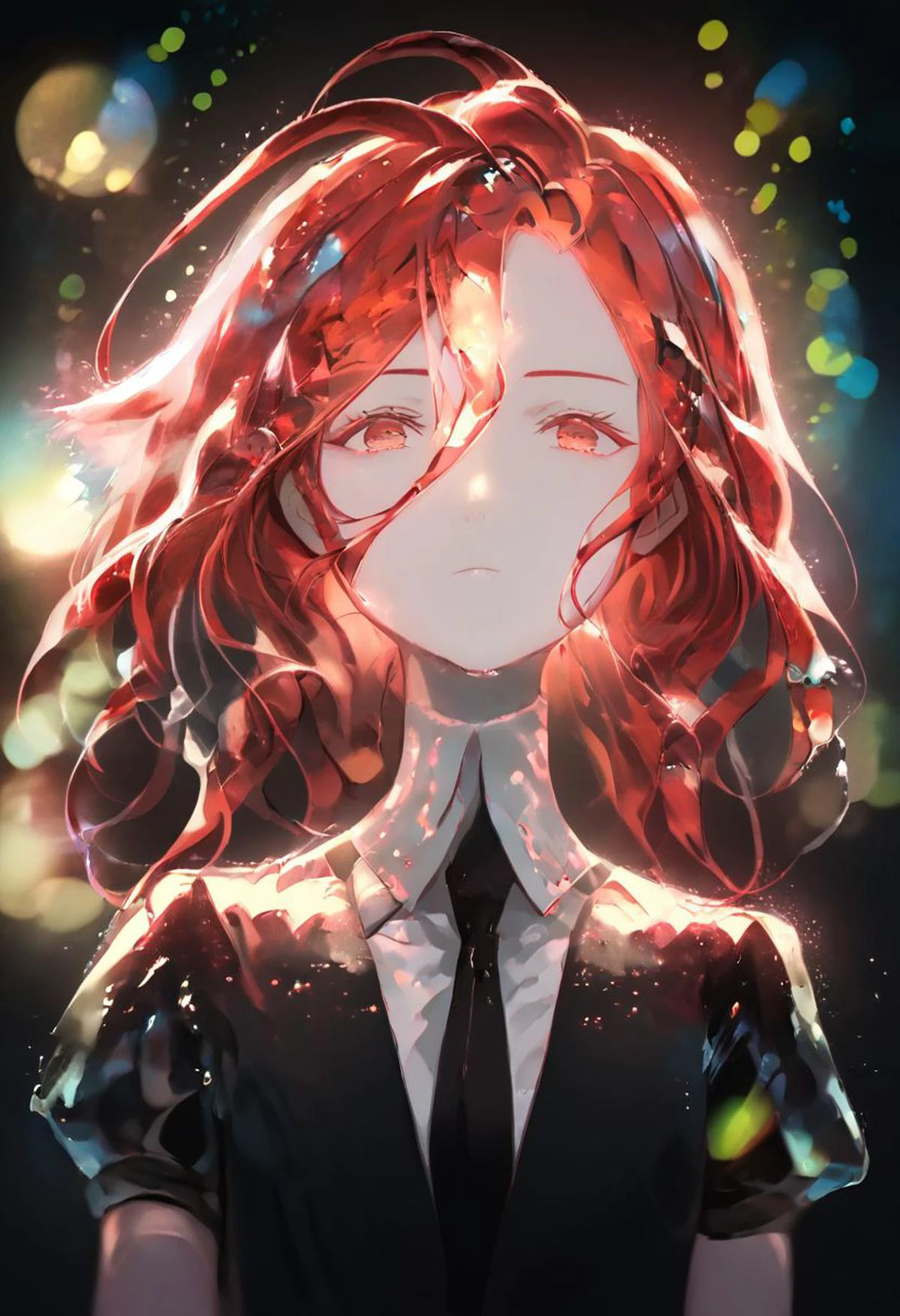 score_9, score_8_up, score_7_up, source_anime, portrait,
1girl, hskcnbr, crystal hair, medium hair, red hair, colored eyelashes, white skin, black shirt, puffy short sleeves, collared shirt, black necktie, mercury (element), liquid,
looking at viewer, expressionless, dark background, rain, cinematic light