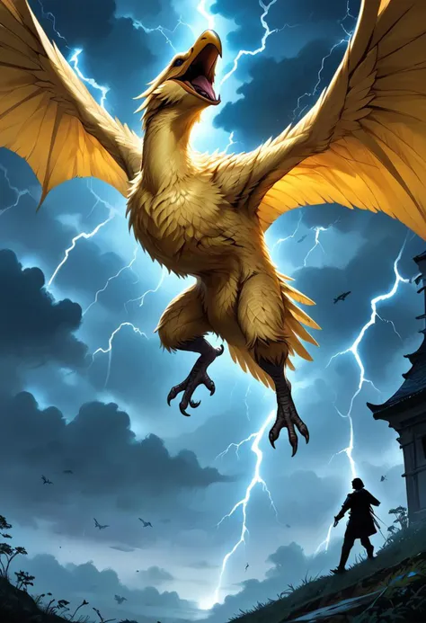 score_9, score_8_up, score_7_up, zPDXL2, dragon chocobo, flying, epic battle, lone human knight, dark clouds, lightning, rain, dramatic lighting,