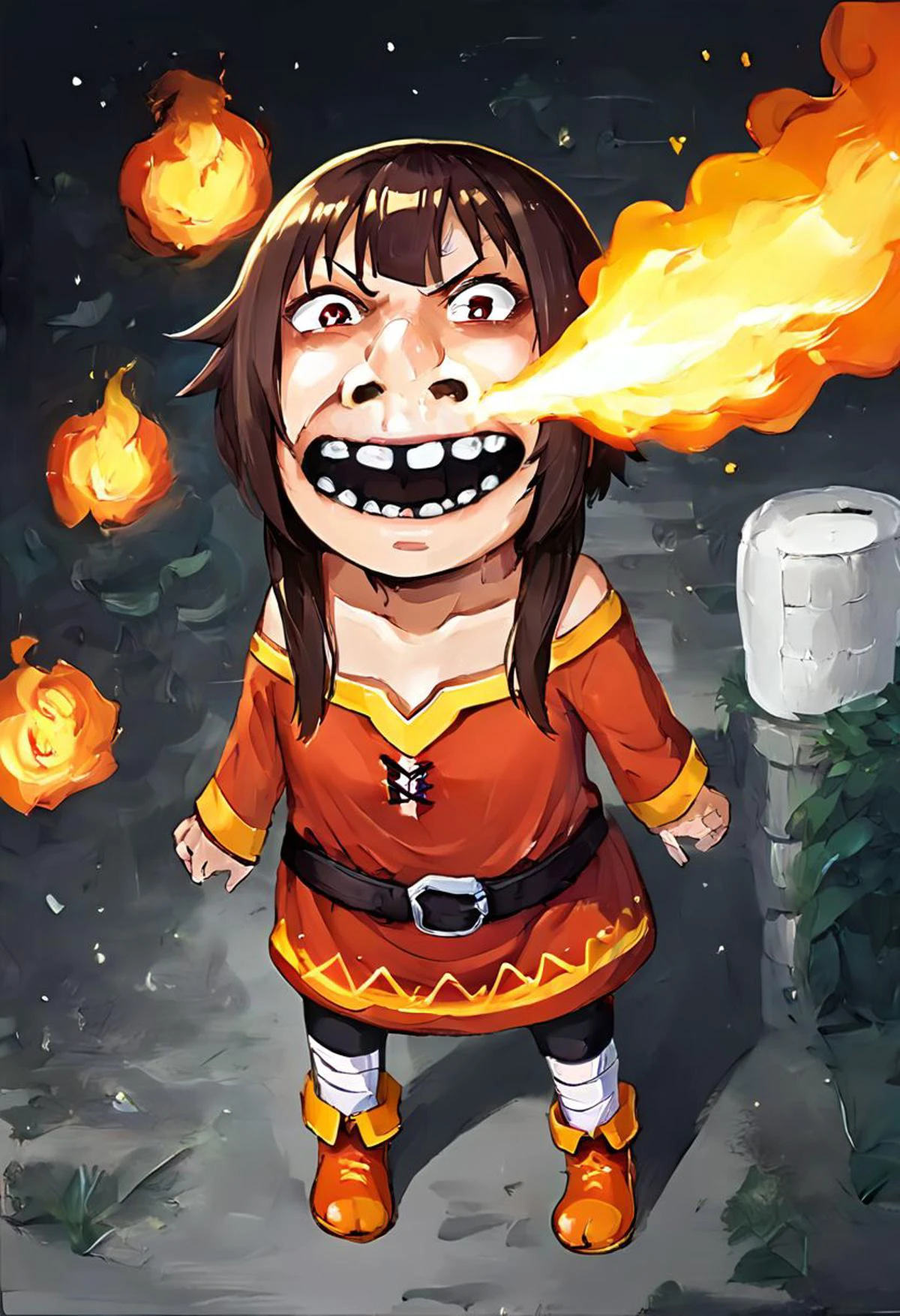 score_9, score_8_up, score_7_up, source_anime, zPDXL2, lozhkin, 1girl, megumin, big smile, open mouth, teeth, FireBreath, breathing fire