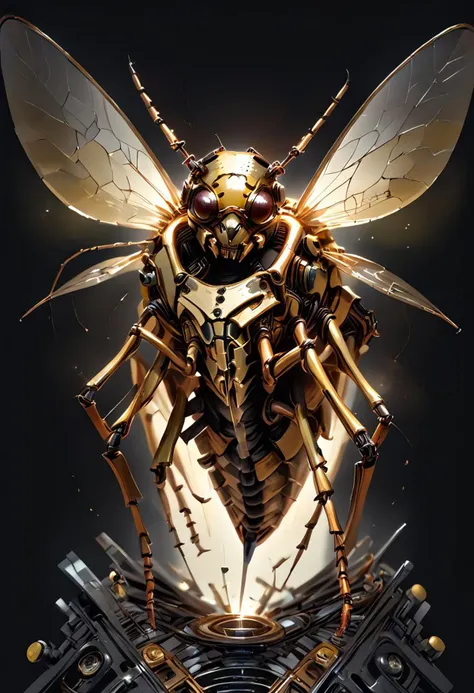 score_9, score_8_up, score_7_up, realistic, from front, wasp, insect, holographic, yellow hologram, mechanical, shiny, black background, zPDXL2,