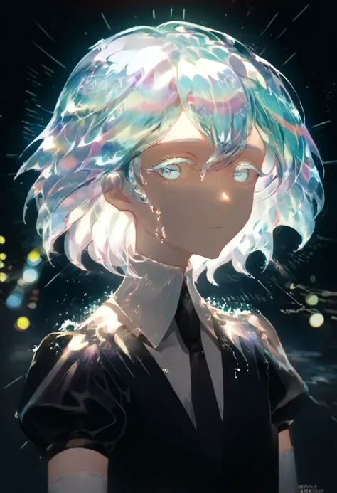 score_9, score_8_up, score_7_up, source_anime, portrait, 1girl, hskdmnd, crystal hair, colored eyelashes, multicolored hair, short hair, black shirt, puffy short sleeves, collared shirt, black necktie, white elbow gloves, looking at viewer, expressionless, dark background, rain, cinematic light