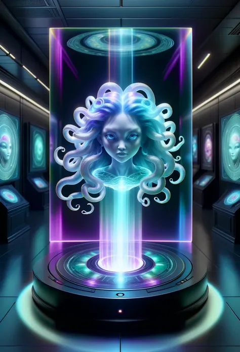 hyper detailed masterpiece, dynamic, awesome quality,hyperrealism,medusa, small stocky, illusive cute agile timeless unaging awesome fairytale creature ,  on a DonMH010D15pl4yXL holographic display <lora:DonMH010D15pl4yXL-000008:1>