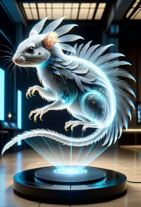 hyper detailed masterpiece, dynamic, awesome quality,hyperrealism,massive ethereal webbed bohemian rodent creature, tripedal single-armed, feathered appendages, single-tailed, spiked-tailed, slick skin,     ,  on a DonMH010D15pl4yXL holographic display <lora:DonMH010D15pl4yXL-000008:1>