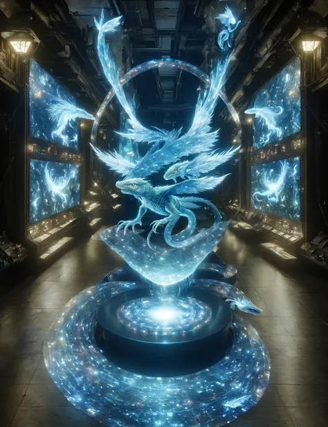 masterpiece, awesome quality, hyper detailed, DonMH010D15pl4y holographic display, a scaled breezy arcane snakelike Guivre, fins, reptilian head, quadrupple of elemental wings, prehensile tails, , <lora:DonMH010D15pl4y-000006:0.8>
