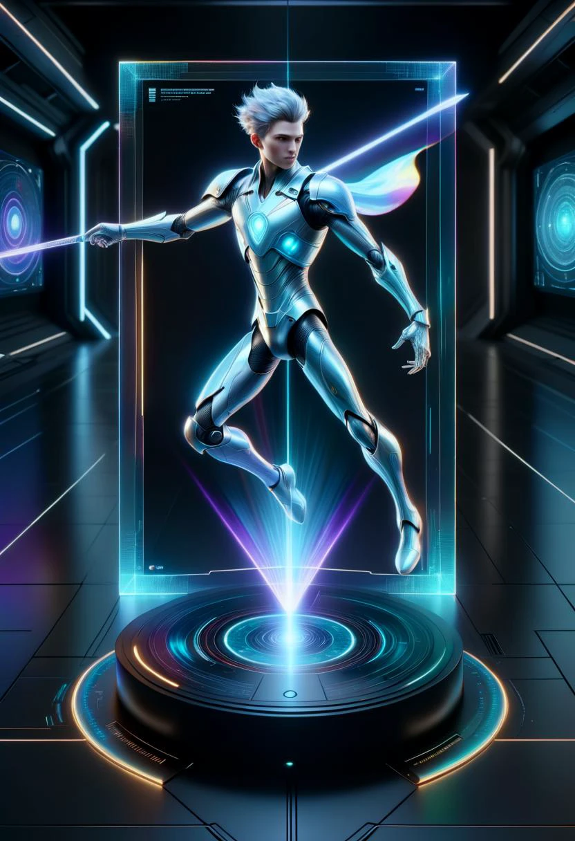 hyper detailed masterpiece, dynamic, awesome quality,hyperrealism,male futurekind, , quarterstaff, on a DonMH010D15pl4yXL holographic display <lora:DonMH010D15pl4yXL-000008:1>