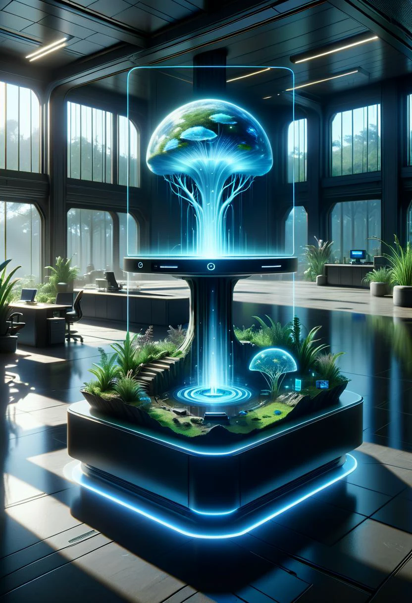 hyper detailed masterpiece, dynamic, awesome quality,administration center in marsh biome, on a holodisplay, DonMH010D15pl4yXL <lora:DonMH010D15pl4yXL-000008:1>